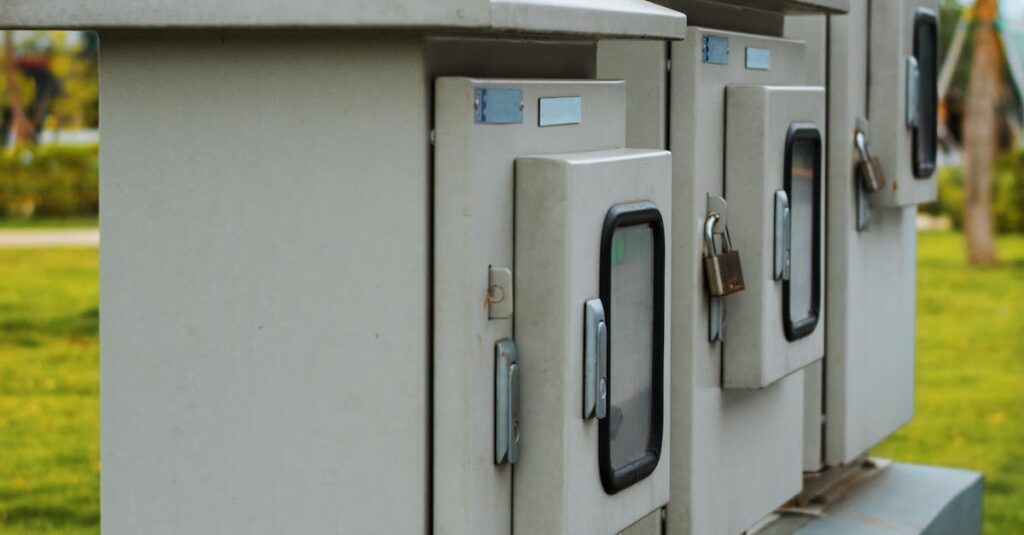 Nahaufnahme von verschlossenen Elektrokästen im Freien mit Metallschränken auf einer Plattform.