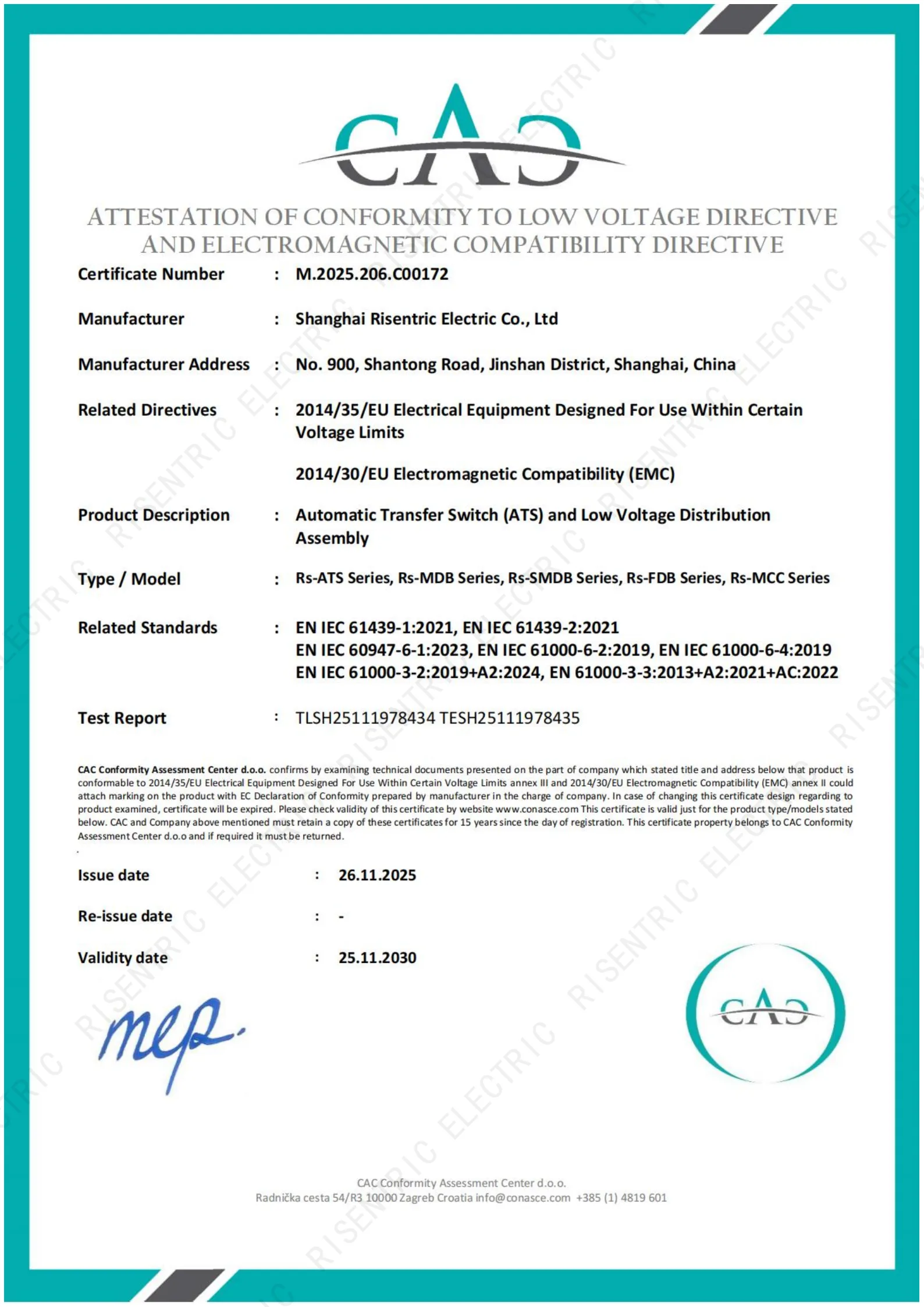 Attestation of Conformity (for CE marking)