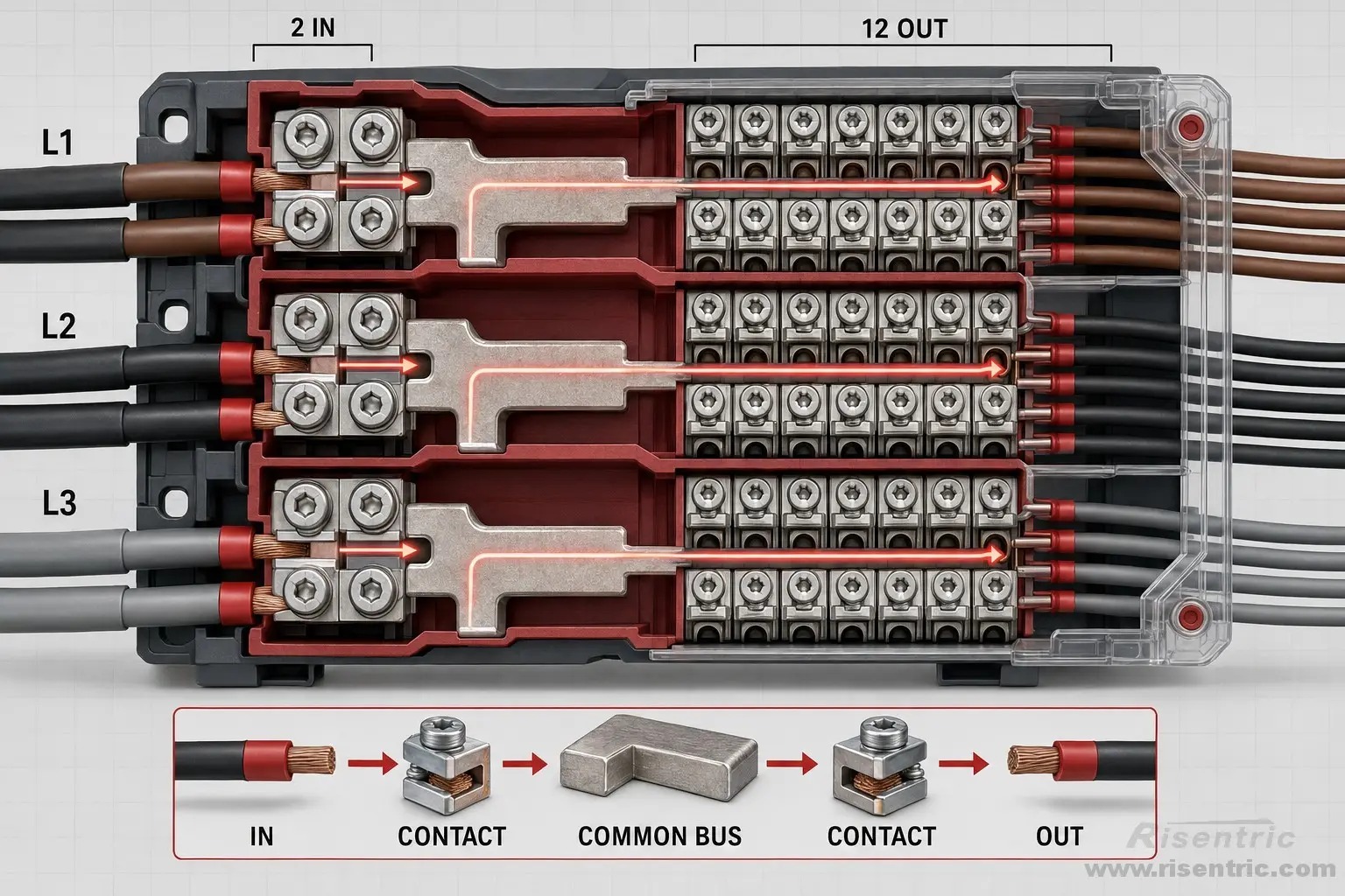 Phase L1:
2 incoming terminals → common conductive body → 12 outgoing terminals

Phase L2:
2 incoming terminals → common conductive body → 12 outgoing terminals

Phase L3:
2 incoming terminals → common conductive body → 12 outgoing terminals
