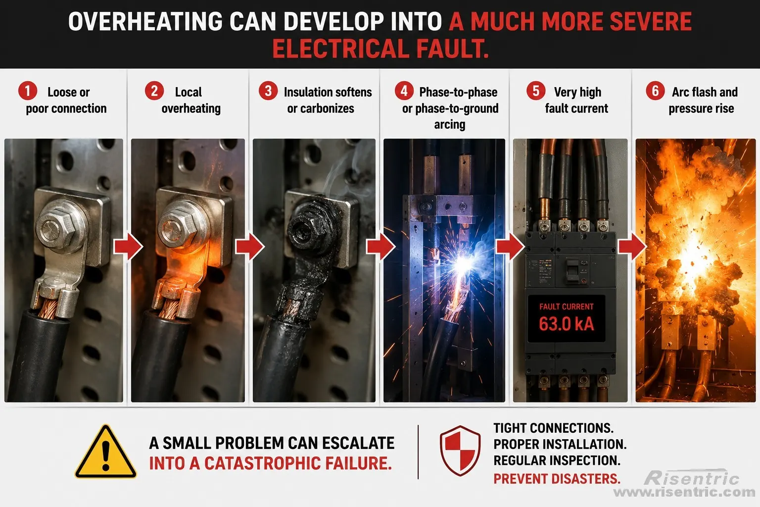Loose or poor connection
→ local overheating
→ insulation softens or carbonizes
→ phase-to-phase or phase-to-ground arcing
→ very high fault current
→ arc flash and pressure rise