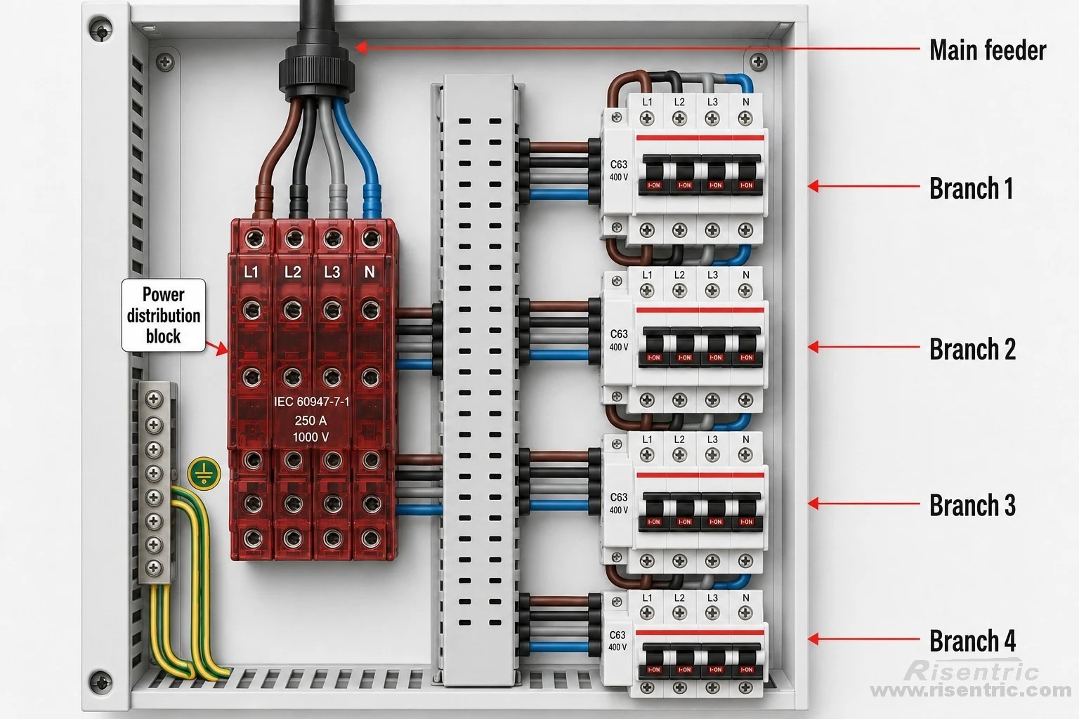 Main feeder
     │
     ▼
Power distribution block
 ├── Branch circuit 1
 ├── Branch circuit 2
 ├── Branch circuit 3
 └── Branch circuit 4
