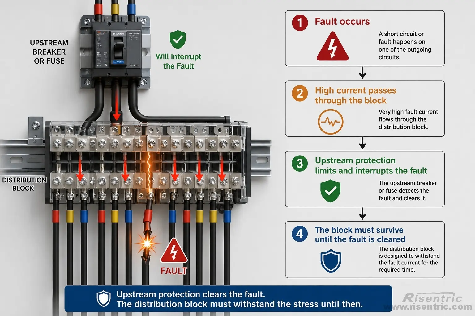 Fault occurs
     ↓
High current passes through the block
     ↓
Upstream protection limits and interrupts the fault
     ↓
The block must survive until the fault is cleared
