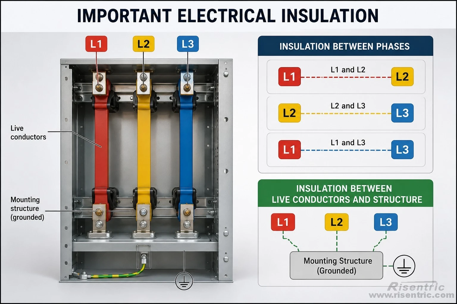 L1 and L2
L2 and L3
L1 and L3
Live conductors and the mounting structure
